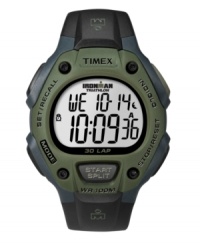 From kickball to triathlons, the digital Ironman watch by Timex performs at all levels. Black resin strap and round military green resin case. Positive display digital dial features time, day, date, chronograph, alarm, timer and 30-lap memory. Quartz movement. Water resistant to 100 meters. One-year limited warranty. From kickball to triathlons, the digital Ironman watch by Timex performs at all levels. Black resin strap and round military green resin case. Positive display digital dial features time, day, date, chronograph, alarm, timer and 30-lap memory. Quartz movement. Water resistant to 100 meters. One-year limited warranty.