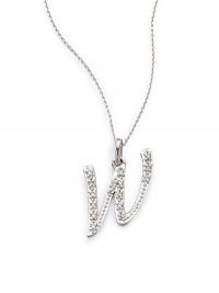 THE LOOK14k white gold.09 tcwW initial pendantSpring ring claspTHE FITLength, about 16Pendant size, about ¼W X ¾LTHE MATERIAL14k white goldDiamondsORIGINImported THE LOOK14k white gold.09 tcwW initial pendantSpring ring claspTHE FITLength, about 16Pendant size, about ¼W X ¾LTHE MATERIAL14k white goldDiamondsORIGINImported
