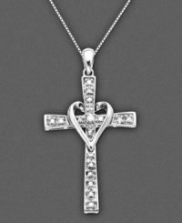 A diamond heart cross: the ultimate expression of love. This pendant features round-cut diamond (1/10 ct. t.w.) set in 14k white gold. Approximate length: 16 inches. Approximate drop: 1-1/4 inches. A diamond heart cross: the ultimate expression of love. This pendant features round-cut diamond (1/10 ct. t.w.) set in 14k white gold. Approximate length: 16 inches. Approximate drop: 1-1/4 inches.