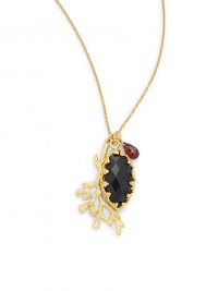 THE LOOKOnyx pendant with textured prong settingCurved branch detailGarnet accent 18k yellow goldplated brassHook claspTHE MEASUREMENTPendant length, about 1.5Length, about 18ORIGINMade in USA THE LOOKOnyx pendant with textured prong settingCurved branch detailGarnet accent 18k yellow goldplated brassHook claspTHE MEASUREMENTPendant length, about 1.5Length, about 18ORIGINMade in USA