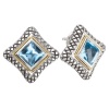 925 Silver & Blue Topaz Square Checkerboard Earrings with 18k Gold Accents