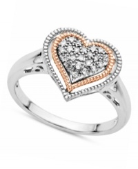 An instant love affair. This sterling silver and 14k rose gold heart ring adds single cut diamonds (1/10 ct. t.w.) for a lustrous effect. Approximate band width: 1/5 inch. An instant love affair. This sterling silver and 14k rose gold heart ring adds single cut diamonds (1/10 ct. t.w.) for a lustrous effect. Approximate band width: 1/5 inch.