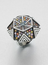 A geometric design encrusted with multi-colored sapphire stones and accented with enamel and blue topaz set in an enamel accented rhodium-plated sterling silver shank. Blue topazMulti-colored sapphiresEnamelRhodium-plated sterling silverImported A geometric design encrusted with multi-colored sapphire stones and accented with enamel and blue topaz set in an enamel accented rhodium-plated sterling silver shank. Blue topazMulti-colored sapphiresEnamelRhodium-plated sterling silverImported