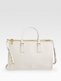 Saffiano luxe leather in a framed carryall finished with dual straps for versatility.Double top handles, 4½ dropDetachable adjustable shoulder strap, 20½-25 dropCenter clasp closureTwo inside open compartmentsOne top-clasp compartment with inner open and zip pocketsSignature jacquard lining14W X 9H X 5DMade in Italy Saffiano luxe leather in a framed carryall finished with dual straps for versatility.Double top handles, 4½ dropDetachable adjustable shoulder strap, 20½-25 dropCenter clasp closureTwo inside open compartmentsOne top-clasp compartment with inner open and zip pocketsSignature jacquard lining14W X 9H X 5DMade in Italy