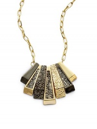 THE LOOKDeco stick pendantsLizard skin accentsGunmetal & goldplated brass settingsLobster claspTHE MEASUREMENTPendant length, about 1.5Length, about 19ORIGINMade in USA THE LOOKDeco stick pendantsLizard skin accentsGunmetal & goldplated brass settingsLobster claspTHE MEASUREMENTPendant length, about 1.5Length, about 19ORIGINMade in USA
