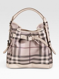 EXCLUSIVELY AT SAKS. Familiar checks in a roomy size with a buckled belt that gathers in the top and decorative side buckles of rich leather. Top handle, 8 drop Belted closure Metal feet One inside zipper pocket Fully lined in cotton PVC; leather trim 11½W X 14½H X 6½D Made in Italy EXCLUSIVELY AT SAKS. Familiar checks in a roomy size with a buckled belt that gathers in the top and decorative side buckles of rich leather. Top handle, 8 drop Belted closure Metal feet One inside zipper pocket Fully lined in cotton PVC; leather trim 11½W X 14½H X 6½D Made in Italy