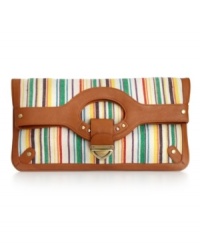 Brighten your look with the Carnival clutch from Olivia + Joy. A cheerful striped print is accented with contrast trim and gold-tone hardware for a style that easily transitions from day to night. Carry as a clutch or by the cut-out handles at top. Brighten your look with the Carnival clutch from Olivia + Joy. A cheerful striped print is accented with contrast trim and gold-tone hardware for a style that easily transitions from day to night. Carry as a clutch or by the cut-out handles at top.