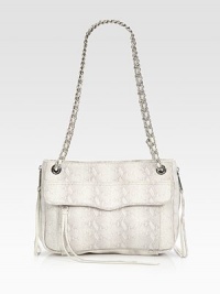 Silver-toned chain hardware denotes a modern design in this impeccably-crafted lizard-embossed leather shape. Double chain shoulder straps, 11¾ dropMagnetic snap closureOne outside flap-zip pocketProtective metal feetOne inside zip compartmentOne inside zip pocketTwo inside open pocketsCotton lining11¼W X 8¼H X 4DImported Silver-toned chain hardware denotes a modern design in this impeccably-crafted lizard-embossed leather shape. Double chain shoulder straps, 11¾ dropMagnetic snap closureOne outside flap-zip pocketProtective metal feetOne inside zip compartmentOne inside zip pocketTwo inside open pocketsCotton lining11¼W X 8¼H X 4DImported