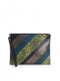THE LOOKMesh body with colorblock designTop zip closureLeather wristlet strapOne inside zip pocketTHE MEASUREMENT11½W X 8½H X ¼DTHE MATERIALAluminumFully linedORIGINImported THE LOOKMesh body with colorblock designTop zip closureLeather wristlet strapOne inside zip pocketTHE MEASUREMENT11½W X 8½H X ¼DTHE MATERIALAluminumFully linedORIGINImported