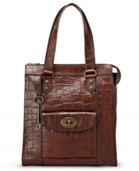 Take an exotic approach to accessorizing with this croc-embossed leather tote from Fossil. Brasstone hardware, buckle accent and signature detailing grace the outside, while the generous interior makes it ideal for everyday demands. Take an exotic approach to accessorizing with this croc-embossed leather tote from Fossil. Brasstone hardware, buckle accent and signature detailing grace the outside, while the generous interior makes it ideal for everyday demands.