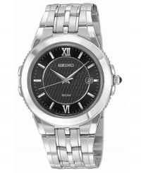 Refine your everyday style with this textured dial watch from Seiko. Silvertone stainless steel bracelet and round case. Black textured dial with logo, date window and stick and roman numeral indices. Quartz movement. Water resistant to 50 meters. Three-year limited warranty. Refine your everyday style with this textured dial watch from Seiko. Silvertone stainless steel bracelet and round case. Black textured dial with logo, date window and stick and roman numeral indices. Quartz movement. Water resistant to 50 meters. Three-year limited warranty.