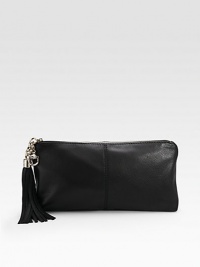 Soft leather with a tassel and horsebit detail and light goldtone hardware.Top zip closure One inside open pocket Cotton jacquard lining 12½W X 7¾H X 1½D Made in Italy Soft leather with a tassel and horsebit detail and light goldtone hardware.Top zip closure One inside open pocket Cotton jacquard lining 12½W X 7¾H X 1½D Made in Italy