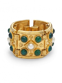 THE LOOKByzantine collectionColored glass stonesFaux pearl accentsTextured link design24k electroplated gold settingTHE MEASUREMENTWidth, about 1.5ORIGINMade in USA THE LOOKByzantine collectionColored glass stonesFaux pearl accentsTextured link design24k electroplated gold settingTHE MEASUREMENTWidth, about 1.5ORIGINMade in USA