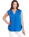 DKNYC Women's Plus-Size Sleeveless V-Neck Button Thru Blouse With Chiffon Yoke