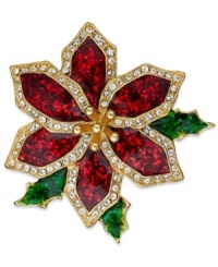 A lovely pin for the season. Charter Club's poinsettia pin stuns with red and green glitter and glass crystal shine. Crafted in gold tone mixed metal. Approximate diameter: 1-3/4 inches. A lovely pin for the season. Charter Club's poinsettia pin stuns with red and green glitter and glass crystal shine. Crafted in gold tone mixed metal. Approximate diameter: 1-3/4 inches.