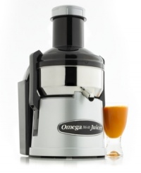 Throw it all in this juicer! With its unique extra large mouth, the Omega juicer takes on whole fruits and vegetables and continuously juices and extracts pulp for an incredibly smooth deliciously healthy blend. The heavy duty stainless steel construction stands strong against everything you throw in it. 10-year warranty. Throw it all in this juicer! With its unique extra large mouth, the Omega juicer takes on whole fruits and vegetables and continuously juices and extracts pulp for an incredibly smooth deliciously healthy blend. The heavy duty stainless steel construction stands strong against everything you throw in it. 10-year warranty.