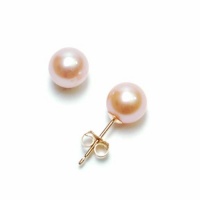 14k Yellow Gold 6.5x7mm AA Pink Freshwater Cultured Pearl Stud Earrings