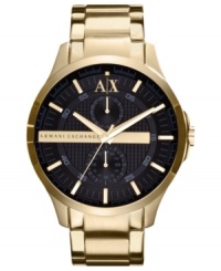Black and yellow pair to create a handsome watch from the modern watchmakers at AX Armani Exchange. Black and yellow pair to create a handsome watch from the modern watchmakers at AX Armani Exchange.