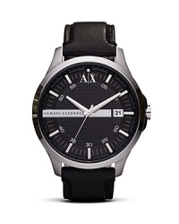 Crafted of sleek stainless steel this watch from Armani Exchange perfects easy-cool. The streamlined design is accented by leather band giving it a functional yet stylish finish. Crafted of sleek stainless steel this watch from Armani Exchange perfects easy-cool. The streamlined design is accented by leather band giving it a functional yet stylish finish.