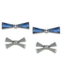 Tie something new. The stud earrings in this set from BCBGeneration are crafted of silver-tone mixed metal, and feature blue and silver faceted stones to create whimsical bows. The earrings also have friction back closures. Approximate drop: 1/10 inch. Tie something new. The stud earrings in this set from BCBGeneration are crafted of silver-tone mixed metal, and feature blue and silver faceted stones to create whimsical bows. The earrings also have friction back closures. Approximate drop: 1/10 inch.