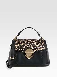 A supple leather style in an elegant frame accented in abstract animal print calf hair.Adjustable leather top handle, 4-4½ dropDetachable adjustable leather shoulder strap, 18-20½ dropTop zip closure with turn-lock flapProtective metal feetOne outside zip pocketOne open pocket under flapOne inside zip pocketThree inside open pocketsFully lined12W X 8½H X 5DImported A supple leather style in an elegant frame accented in abstract animal print calf hair.Adjustable leather top handle, 4-4½ dropDetachable adjustable leather shoulder strap, 18-20½ dropTop zip closure with turn-lock flapProtective metal feetOne outside zip pocketOne open pocket under flapOne inside zip pocketThree inside open pocketsFully lined12W X 8½H X 5DImported