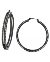 Subtle chic. BCBGeneration's hoop earrings are crafted from hematite-tone mixed metal with crystal pave accents adding a lustrous touch. Approximate drop: 1-3/4 inches.