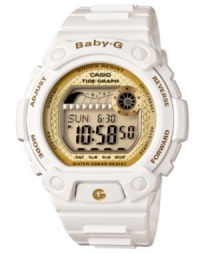 Crown a new timepiece champion with this BLX series Baby-G watch. Crafted of white resin strap and round case with golden accents. Shock-resistant gold tone positive digital display dial features tide graph, EL backlight with afterglow, day and date feature, world time, 2 multifunction alarms, snooze, 1/100 second stopwatch, countdown timer, 12/24 hour formats, full automatic calendar and mute function. Quartz movement. Water resistant to 200 meters. One-year limited warranty. Crown a new timepiece champion with this BLX series Baby-G watch. Crafted of white resin strap and round case with golden accents. Shock-resistant gold tone positive digital display dial features tide graph, EL backlight with afterglow, day and date feature, world time, 2 multifunction alarms, snooze, 1/100 second stopwatch, countdown timer, 12/24 hour formats, full automatic calendar and mute function. Quartz movement. Water resistant to 200 meters. One-year limited warranty.