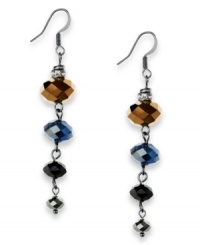 Keeping things straight works for c.A.K.e. by Ali Khan with this linear set of drop earrings. The pair is crafted from silver tone mixed metal and features an array of glass stones to spice things up. Approximate drop: 2-1/4 inches. Keeping things straight works for c.A.K.e. by Ali Khan with this linear set of drop earrings. The pair is crafted from silver tone mixed metal and features an array of glass stones to spice things up. Approximate drop: 2-1/4 inches.