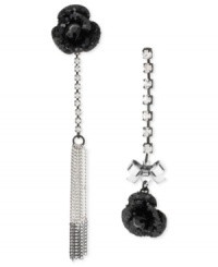Everything's coming up roses. This pair of mismatch drop earrings from Betsey Johnson is crafted from silver-tone mixed metal with black glittery roses and glass accents for an eclectic touch of elegance. Approximate drop: 2-5/8 inches to 3-1/2 inches. Everything's coming up roses. This pair of mismatch drop earrings from Betsey Johnson is crafted from silver-tone mixed metal with black glittery roses and glass accents for an eclectic touch of elegance. Approximate drop: 2-5/8 inches to 3-1/2 inches.