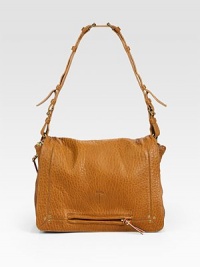 An easy flap-top shape of richly pebbled lambskin leather to carry with you from day to night. Adjustable shoulder strap, 12-20 dropMagnetic flap closureOne outside zip pocketOne hidden zip compartment under flapDual expandable side zipsTwo interior compartmentsOne inside zip pocketRemovable interior mini flashlightCotton lining12½W X 10H X 9DMade in Italy An easy flap-top shape of richly pebbled lambskin leather to carry with you from day to night. Adjustable shoulder strap, 12-20 dropMagnetic flap closureOne outside zip pocketOne hidden zip compartment under flapDual expandable side zipsTwo interior compartmentsOne inside zip pocketRemovable interior mini flashlightCotton lining12½W X 10H X 9DMade in Italy