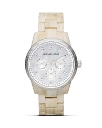 Get a fresh face with this acetate and silver-tone bracelet from MICHAEL Michael Kors. It's multi function movement is ever-practical while glitz accents lend this piece a distinctive look. Get a fresh face with this acetate and silver-tone bracelet from MICHAEL Michael Kors. It's multi function movement is ever-practical while glitz accents lend this piece a distinctive look.