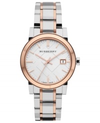A touch of rose adds modern appeal to this timepiece from iconic British fashion house, Burberry. A touch of rose adds modern appeal to this timepiece from iconic British fashion house, Burberry.