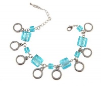 Bracelet - B75 - Murano Style Glass Cubes & Silver Tone Circle Dangles ~ Aqua Bracelet - B75 - Murano Style Glass Cubes & Silver Tone Circle Dangles ~ Aqua