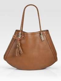 Cuir leather tote bag with braided leather straps, bow detail and light goldtone hardware.Shoulder straps, 9 drop Snap and strap closure in middle of bag One inside zip pocket Two inside open pockets Linen lining 14½W X 13H X 4½D Made in Italy Cuir leather tote bag with braided leather straps, bow detail and light goldtone hardware.Shoulder straps, 9 drop Snap and strap closure in middle of bag One inside zip pocket Two inside open pockets Linen lining 14½W X 13H X 4½D Made in Italy