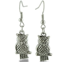 Antiqued Silver Tone Perched Owl Dangle Earrings, 3/4 Inches Long Antiqued Silver Tone Perched Owl Dangle Earrings, 3/4 Inches Long