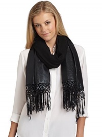 THE LOOKSemi-sheerMetallic foil coating on endsOpen weave endsFringe trimTHE MEASUREMENT30W X 64LTHE MATERIALViscoseCARE & ORIGINDry clean Made in USA THE LOOKSemi-sheerMetallic foil coating on endsOpen weave endsFringe trimTHE MEASUREMENT30W X 64LTHE MATERIALViscoseCARE & ORIGINDry clean Made in USA