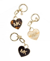 Keep your keys close to the heart with this exquisite key chain from MICHAEL Michael Kors, featuring the iconic MK logo upon an enamel and tortoise backdrop. Each romantic heart dangles discretely from a pretty, polished key ring with a petite companion hang tag. Keep your keys close to the heart with this exquisite key chain from MICHAEL Michael Kors, featuring the iconic MK logo upon an enamel and tortoise backdrop. Each romantic heart dangles discretely from a pretty, polished key ring with a petite companion hang tag.