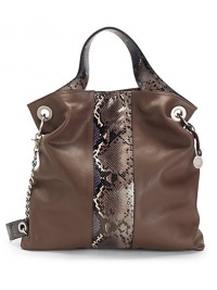 THE LOOKFlat snakeskin-print leather top strapsRemovable chain-and-leather shoulder strapPebbled leather bodySnakeskin-print leather center panelMagnetic snap top closureOne inside zip pocketTwo inside open pocketsInside logo detailTHE MEASUREMENTShoulder straps, 15 drop14W X 13½H X 5DTHE MATERIALLeatherFully linedORIGINImported THE LOOKFlat snakeskin-print leather top strapsRemovable chain-and-leather shoulder strapPebbled leather bodySnakeskin-print leather center panelMagnetic snap top closureOne inside zip pocketTwo inside open pocketsInside logo detailTHE MEASUREMENTShoulder straps, 15 drop14W X 13½H X 5DTHE MATERIALLeatherFully linedORIGINImported