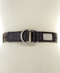 A classic design adopts some animal instincts with this MICHAEL Michael Kors belt that features croc-embossed leather and signature jacquard. Silvertone circular buckles and logo-embossed plaque add discriminating detail for an altogether luxe look. A classic design adopts some animal instincts with this MICHAEL Michael Kors belt that features croc-embossed leather and signature jacquard. Silvertone circular buckles and logo-embossed plaque add discriminating detail for an altogether luxe look.