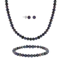 Sterling Silver 5.5-6mm Genuine Freshwater Cultured Peacock Pearl Necklace Bracelet & Stud Earrings Set Sterling Silver 5.5-6mm Genuine Freshwater Cultured Peacock Pearl Necklace Bracelet & Stud Earrings Set