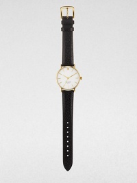 A classic design with a goldtone case and a leather strap. Quartz movementWater resistant to 3 ATMRound goldtone case, 34mm (1.3)Smooth bezelMother-of-pearl dialDash hour markersSecond hand Leather strapImported A classic design with a goldtone case and a leather strap. Quartz movementWater resistant to 3 ATMRound goldtone case, 34mm (1.3)Smooth bezelMother-of-pearl dialDash hour markersSecond hand Leather strapImported