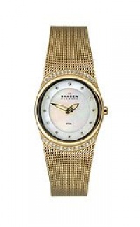 Skagen Women's 686XSGG Crystal Accented Mother of Pearl Gold Mesh Watch Skagen Women's 686XSGG Crystal Accented Mother of Pearl Gold Mesh Watch