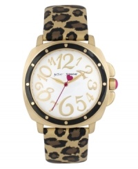 Untamed fashion, by Betsey Johnson. With leopard print and quirky numerals, this watch adds sass to your everyday look. Untamed fashion, by Betsey Johnson. With leopard print and quirky numerals, this watch adds sass to your everyday look.