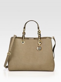 A beautifully structured leather style with chic tortoise-pattern chain link handles and logo hang-tab.Tortoise-pattern acrylic accented double top handles, 6 dropDetachable adjustable shoulder strap, 22½-24½ dropMagnetic tab closureProtective metal feetThree inner compartmentsOne inside zip pocketFour inside open pocketsFully lined13¼W X 10¼H X 4¾DImported A beautifully structured leather style with chic tortoise-pattern chain link handles and logo hang-tab.Tortoise-pattern acrylic accented double top handles, 6 dropDetachable adjustable shoulder strap, 22½-24½ dropMagnetic tab closureProtective metal feetThree inner compartmentsOne inside zip pocketFour inside open pocketsFully lined13¼W X 10¼H X 4¾DImported