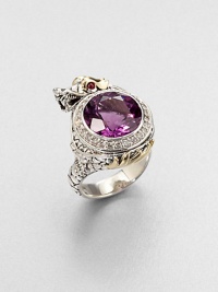 From the Naga Collection. This zodiac-inspired style from a socially and environmentally responsible brand features a faceted amethyst stone surrounded by dazzling diamonds and an 18k gold accented sterling silver dragon. Sterling silver18k goldAmethystDiamonds, .4 tcwAfrican ruby eyeWidth, about 1Imported From the Naga Collection. This zodiac-inspired style from a socially and environmentally responsible brand features a faceted amethyst stone surrounded by dazzling diamonds and an 18k gold accented sterling silver dragon. Sterling silver18k goldAmethystDiamonds, .4 tcwAfrican ruby eyeWidth, about 1Imported