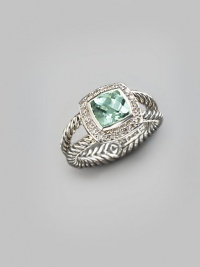 From the Albion Collection. A petite version of an elegant design, offering a faceted prasiolite, framed in diamonds, on a split cable band of sterling silver. Diamonds, 0.20 tcw Prasiolite Sterling silver About ¼ square Imported From the Albion Collection. A petite version of an elegant design, offering a faceted prasiolite, framed in diamonds, on a split cable band of sterling silver. Diamonds, 0.20 tcw Prasiolite Sterling silver About ¼ square Imported