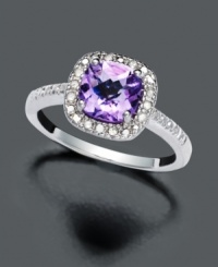Posh in purple. Feel like royalty in this sterling silver Victoria Townsend ring featuring brilliant cushion-cut purple amethyst (1-1/4 ct. t.w.) and round-cut diamond (1/10 ct. t.w.). Size 7. Posh in purple. Feel like royalty in this sterling silver Victoria Townsend ring featuring brilliant cushion-cut purple amethyst (1-1/4 ct. t.w.) and round-cut diamond (1/10 ct. t.w.). Size 7.