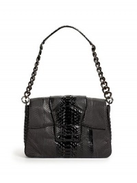 THE LOOKRectangular silhouetteMagnetic flap with glazed python strap tab closureRemovable python and handmade wood shoulder chainOne outside open pocketThree center compartmentsOne inside zip pocketOne inside open pocket with metal logoTHE FITShoulder chain, 13 drop12W X 8½H X 3DTHE MATERIALPythonMicrofiber liningORIGINMade in Italy THE LOOKRectangular silhouetteMagnetic flap with glazed python strap tab closureRemovable python and handmade wood shoulder chainOne outside open pocketThree center compartmentsOne inside zip pocketOne inside open pocket with metal logoTHE FITShoulder chain, 13 drop12W X 8½H X 3DTHE MATERIALPythonMicrofiber liningORIGINMade in Italy