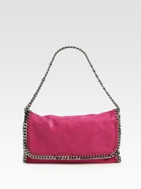 A sleek foldover silhouette of faux leather, finished with polished chain trim.Chain strap, 8¾ dropFlap snap closureOne inside open pocketFully lined11¾W X 7H X 2DMade in Italy A sleek foldover silhouette of faux leather, finished with polished chain trim.Chain strap, 8¾ dropFlap snap closureOne inside open pocketFully lined11¾W X 7H X 2DMade in Italy