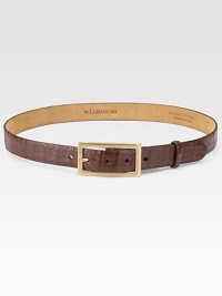 A skinny style with a goldtone metal buckle, lined in supple nubuk calf leather. Width, about 1 Made in USA A skinny style with a goldtone metal buckle, lined in supple nubuk calf leather. Width, about 1 Made in USA
